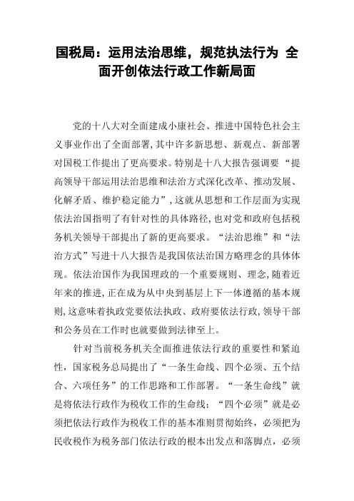 国税局：运用法治思维,规范执法行为 全面开创依法行政工作新局面