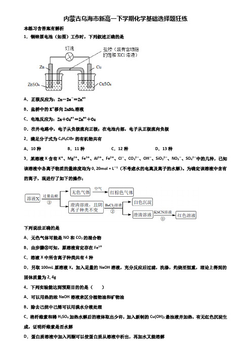 内蒙古乌海市新高一下学期化学基础选择题狂练含解析