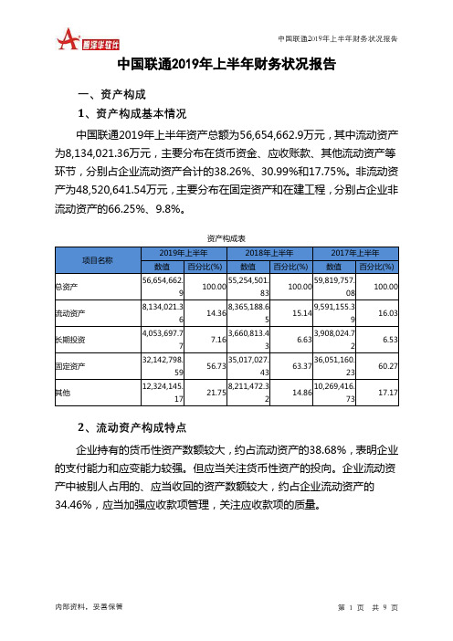中国联通2019年上半年财务状况报告