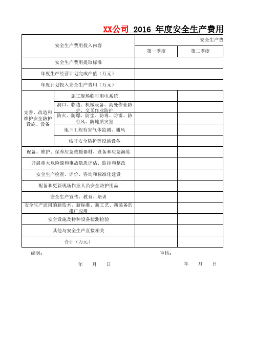 安全生产标准化、安全生产费用投入计划(公司)