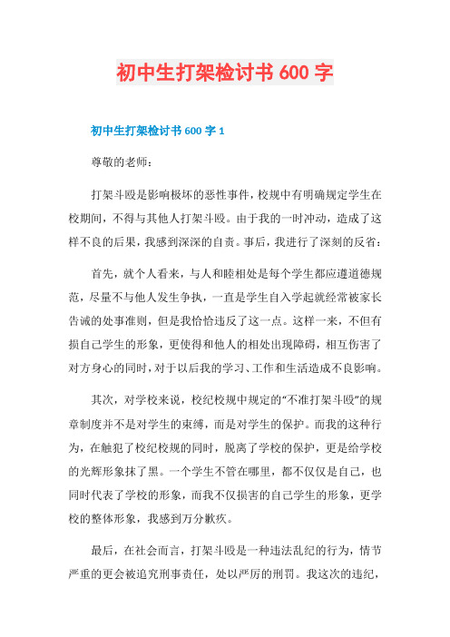 初中生打架检讨书600字