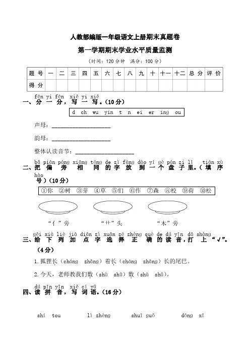 人教部编版一年级语文上册期末真题卷(五)