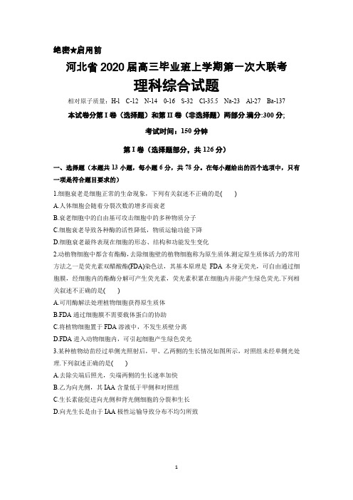 2020届河北省高三毕业班上学期第一次大联考理科综合试卷及答案详解
