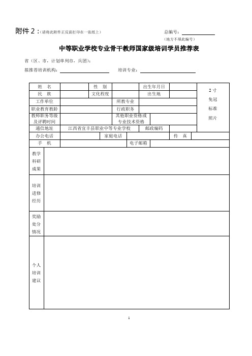 中等职业学校专业骨干教师国家级培训学员推荐表