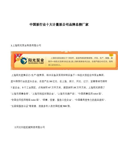 中国泵行业十大计量泵公司品牌总榜厂家