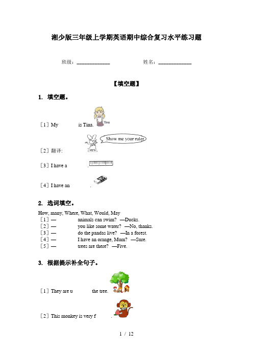 湘少版三年级上学期英语期中综合复习水平练习题