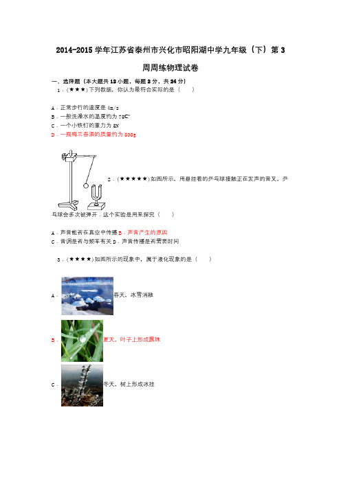 2014-2015学年江苏省泰州市兴化市昭阳湖中学九年级(下)第3周周练物理试卷