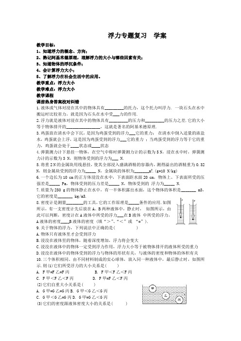 苏科版八年级物理下册第十章压强和浮力第四节浮力专题复习学案(无答案)