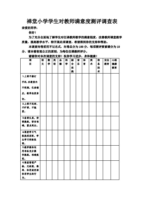 禅堂小学学生对教师满意度测评调查表
