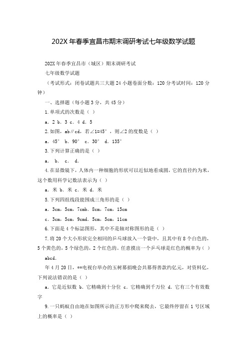 202X年春季宜昌市期末调研考试七年级数学试题