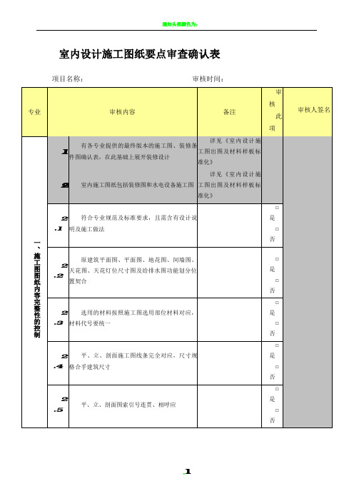 室内设计施工图纸要点审核确认表