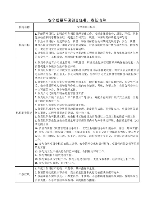 安全质量环保部责任书、责任清单