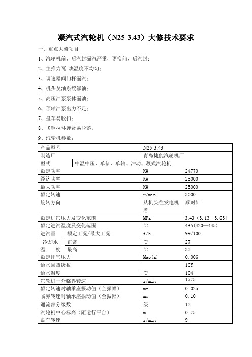凝汽式汽轮机（n25-3.43）大修技术要求