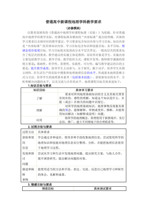 普通高中新课程地理学科教学要求