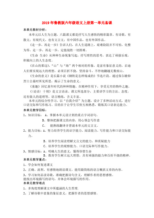 (小学教育)2019年鲁教版六年级语文上册第一单元备课