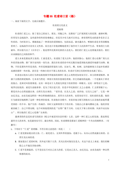高中语文 专题05 杜甫诗三首(练)(基础版,含解析)新人教版必修3