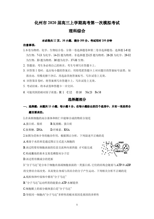 化州市2020届高三上学期高考第一次模拟考试(理综)