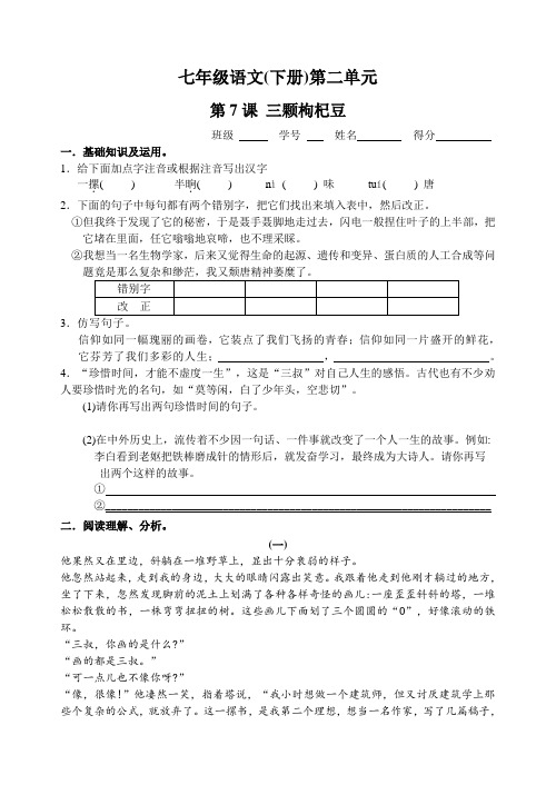 2021年苏教版第7课三颗枸杞豆同步练习题及答案