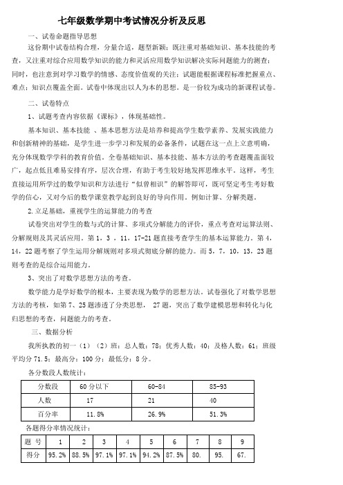七年级数学期中考试情况分析及反思