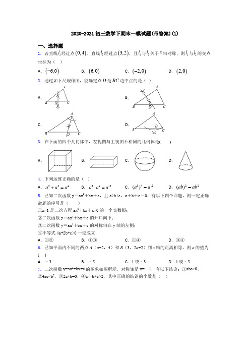 2020-2021初三数学下期末一模试题(带答案)(1)