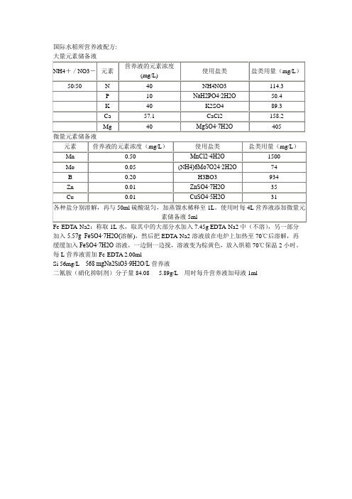 国际水稻所营养液配方