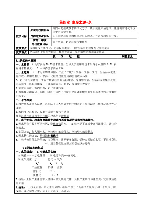 初中部九年级化学上册 第四章 生命之源-水复习教案 粤教版