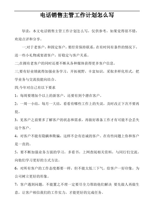 电话销售主管工作计划怎么写