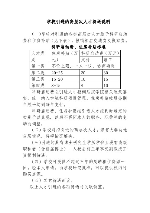 学校引进的高层次人才待遇说明