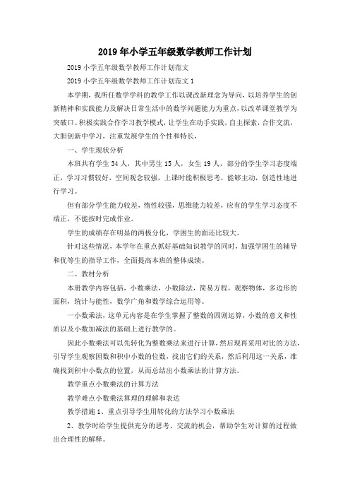 最新-2019年小学五年级数学教师工作计划 精品