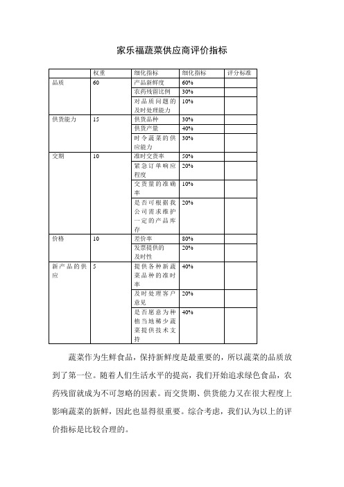 家乐福蔬菜供应商评价指标