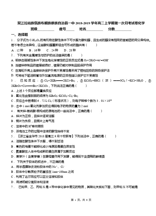 双江拉祜族佤族布朗族傣族自治县一中2018-2019学年高二上学期第一次月考试卷化学