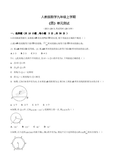 人教版数学九年级上册《圆》单元综合检测(附答案)