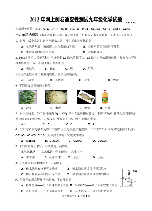 2012年新华中学九年级化学二模试卷及答案