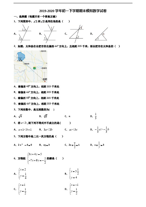 2020安徽省合肥市初一下学期期末数学质量跟踪监视试题