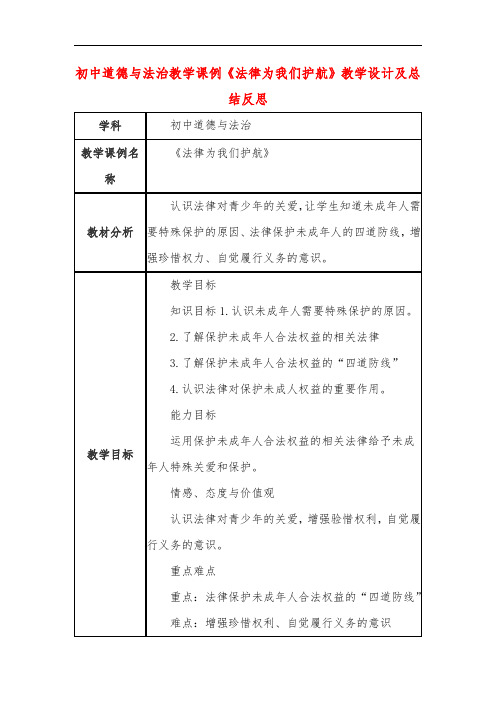 初中道德与法治教学课例《法律为我们护航》课程思政核心素养教学设计及总结反思