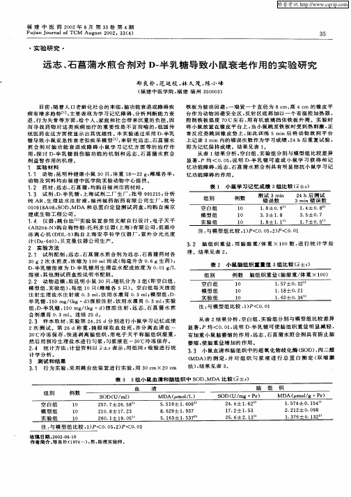 远志、石菖蒲水煎合剂对D—半乳糖导致小鼠衰老作用的实验研究