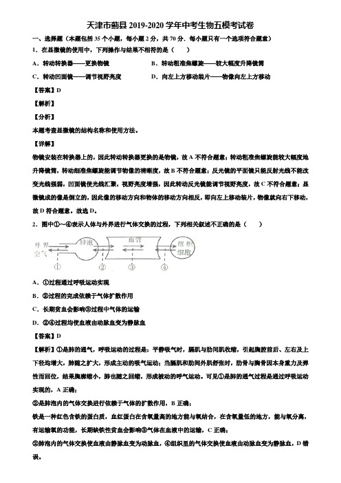 天津市蓟县2019-2020学年中考生物五模考试卷含解析