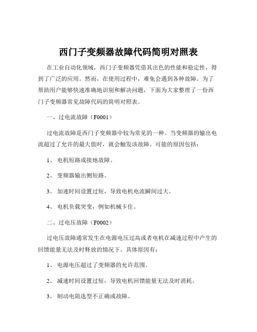 西门子变频器故障代码简明对照表