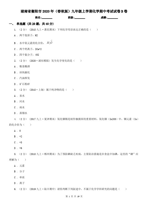 湖南省衡阳市2020年(春秋版)九年级上学期化学期中考试试卷B卷