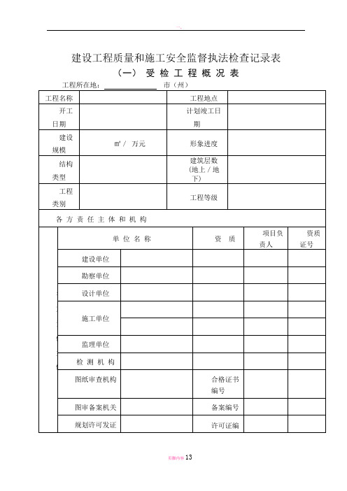 建设工程质量和施工安全监督执法检查记录表