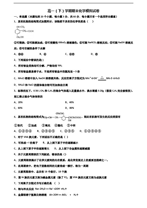 2019-2020学年安徽省阜阳市新高考高一化学下学期期末检测试题