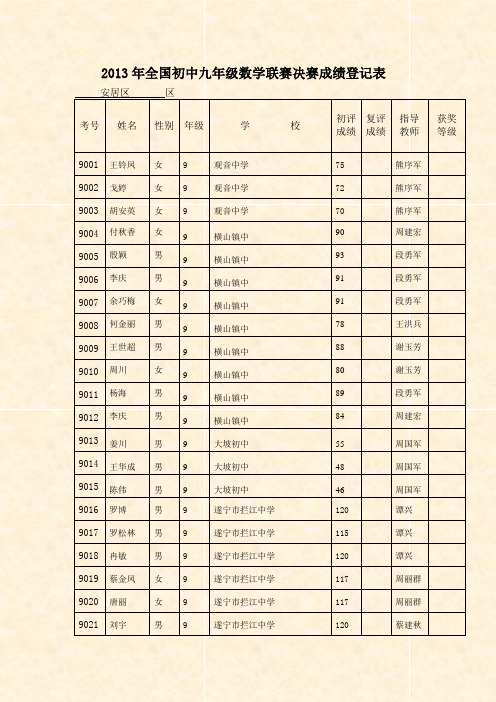 2013年全国初中九年级数学联赛决赛成绩登记表