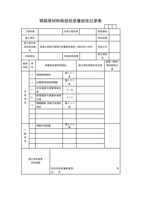 钢筋原材料检验批质量验收记录表.