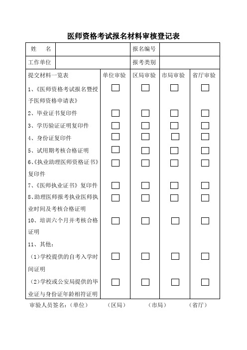 医师资格考试报名材料审核登记表