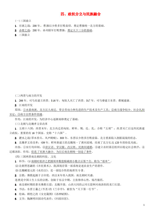 中考历史复习 背记手册 模块1 中国古代史 四 政权分立与民族融合素材