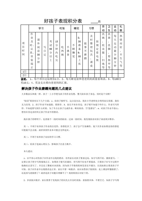 好孩子表现积分表         月