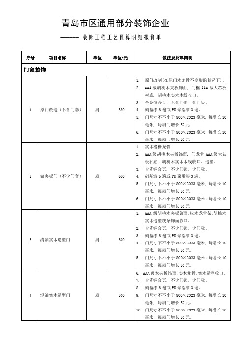 装饰工程装修工艺报价表