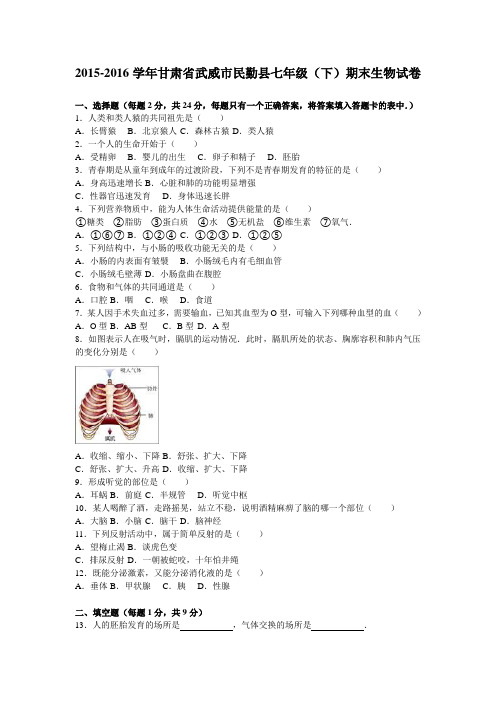 甘肃省武威市民勤县2015-2016学年七年级(下)期末生物试卷(解析版)