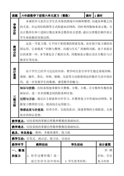 人教版,六年级,数学,下册,第6单元,整理和复习,1.数与代数,教学设计