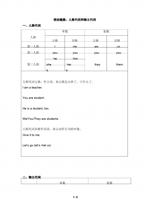 初中英语语法知识链接：人称代词和物主代词
